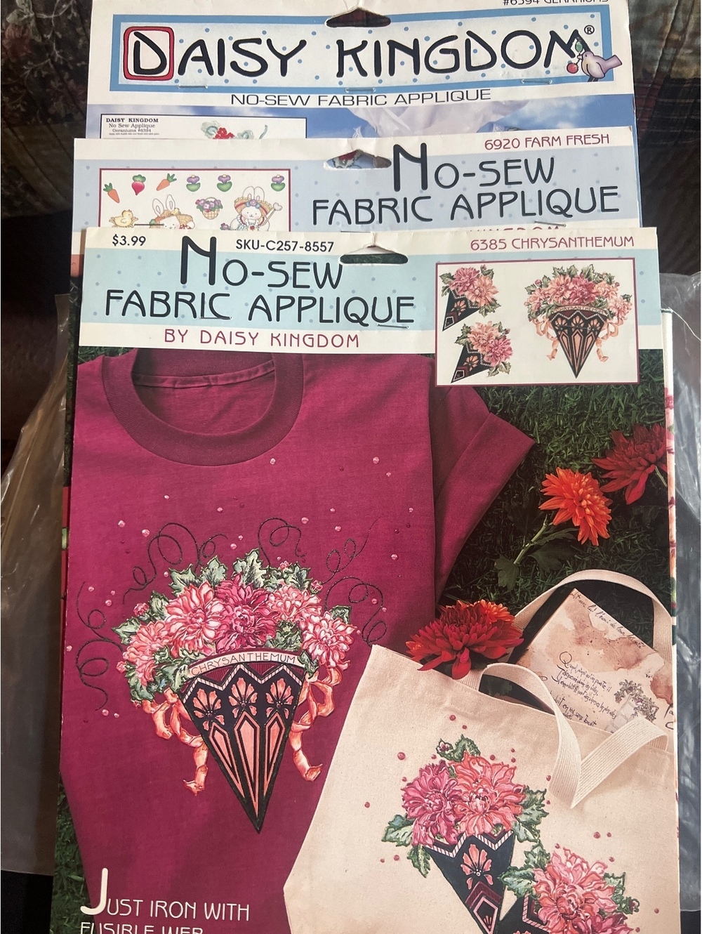 Daisy Kingdom No-Sew Fabric Applique Sets - Chrysanthemum, Farm Fresh, Geranium